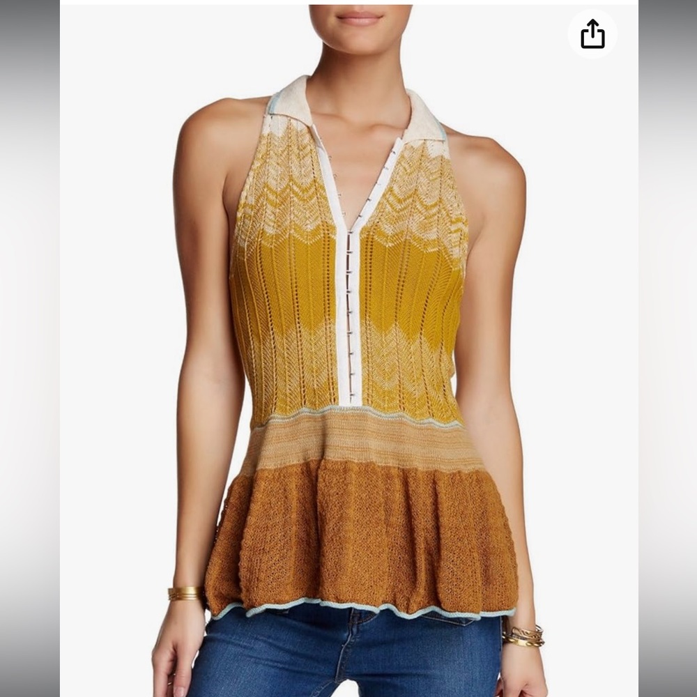 Free People Tank Sweater Peplum Polo Neutral Combo Sleeveless Medium Prep